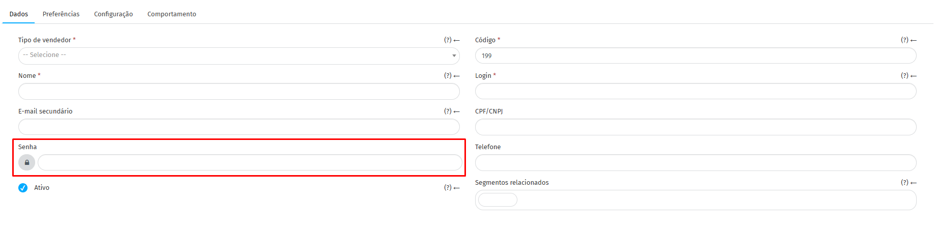 Alteração manual de senha no cadastro do Vendedor