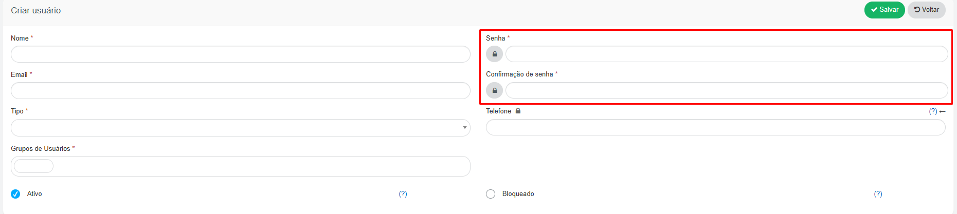 Alteração manual de senha no cadastro de Usuários