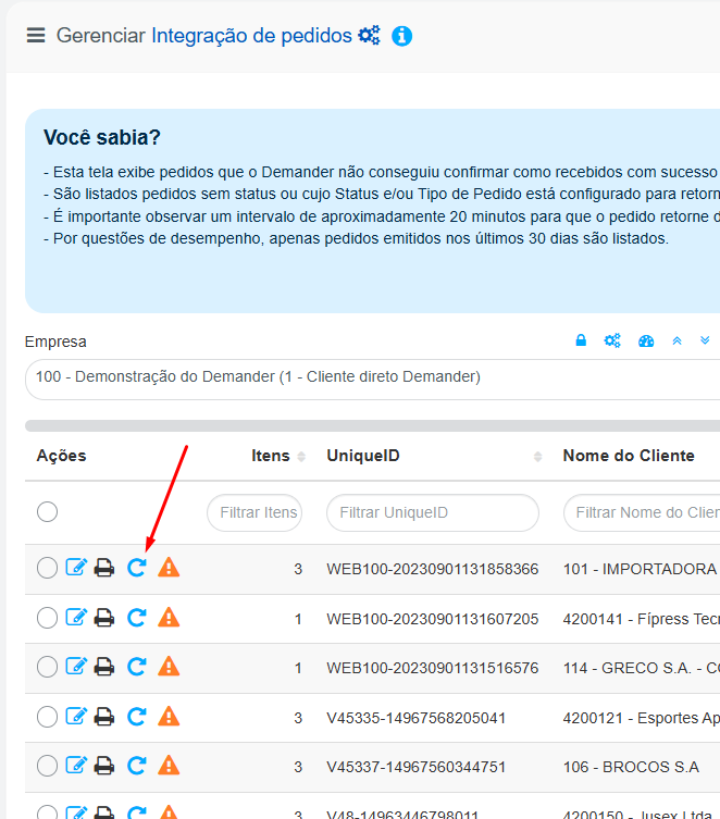 Listagem de integração de pedidos