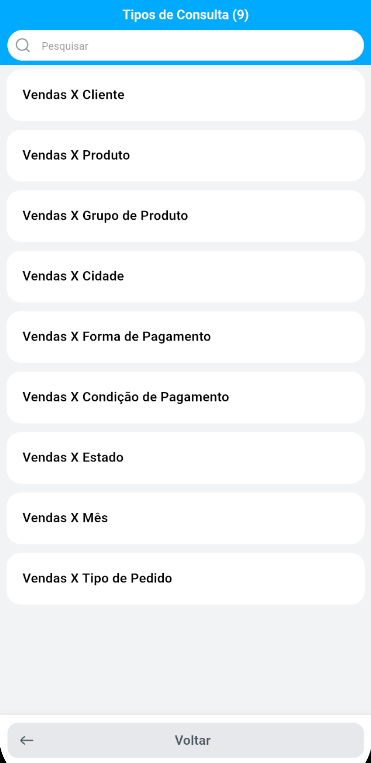 Tipos de consulta disponíveis para vendedores no Demander Mobile