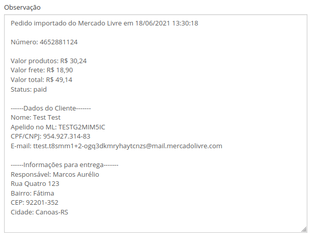 Campo observação de um pedido no Demander Web