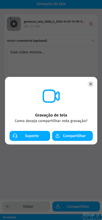 Janela de compartilhamento da gravação com os botões Suporte e Compartilhar.
