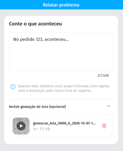 Tela Relatar problema com descrição preenchida, contador de caracteres e vídeo anexado com reprodução e remoção.