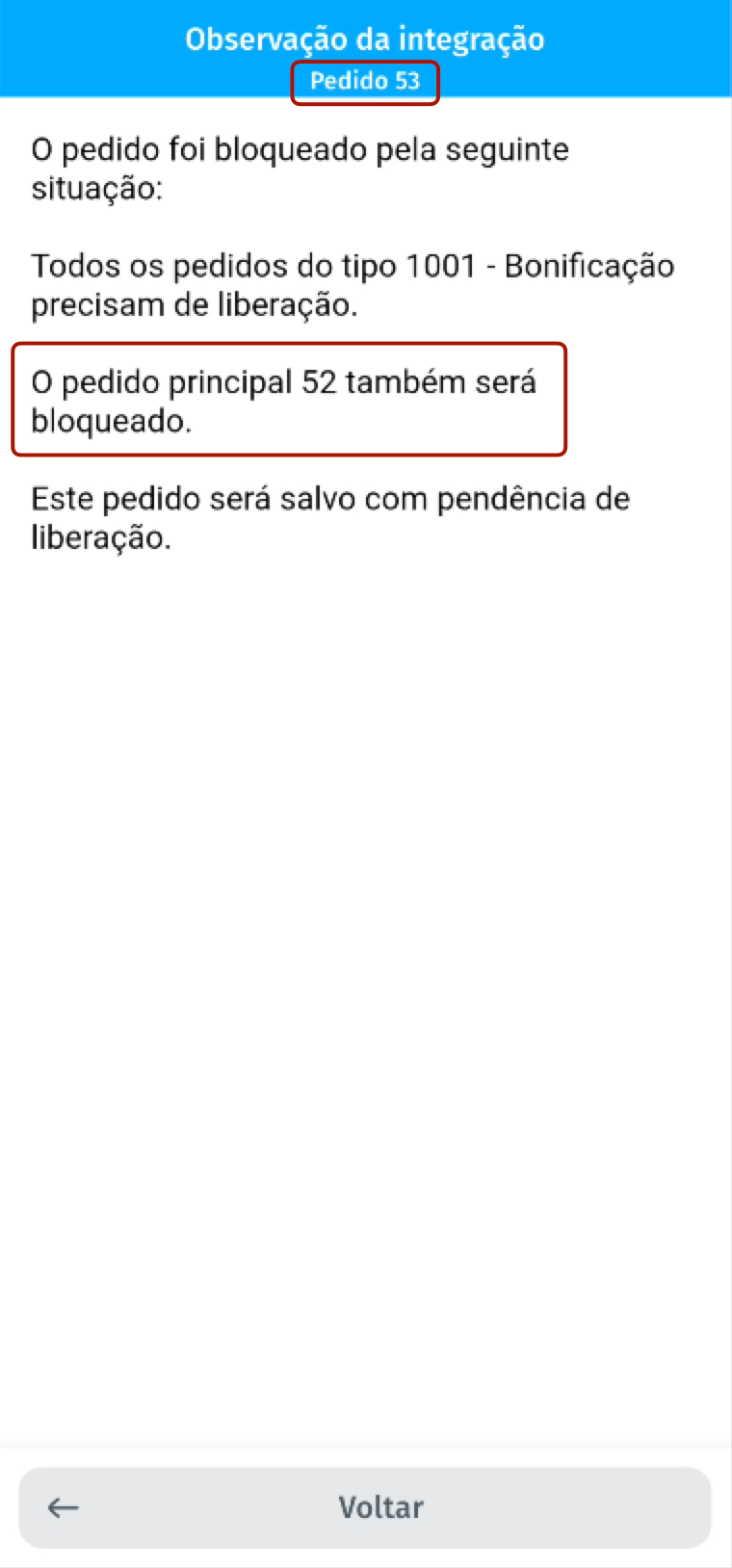 Bloqueio do pedido relacionado nº 53